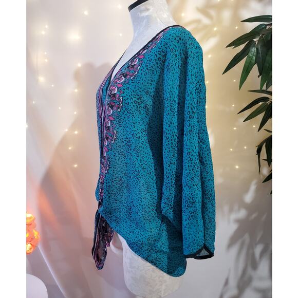 Ali Miles Womens Animal Print Boho Stripe Tie Front Semi Sheer Blouse Top Size L - Picture 6 of 11